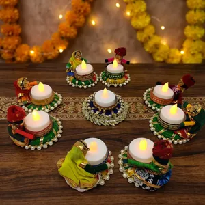 Handmade Luxury Eco-Friendly Fabric Metal LED <b>Tealight</b> Candle <b>Holders</b> (Rajasthani Couple Design) for Diwali Wedding Festival - Product Image 4