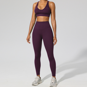 Women's <b>Purple</b> Halter Neck Knitted Sporty <b>Tank</b> <b>Top</b> Set Breathable Spandex Polyester High Waist Leggings - Product Image 1