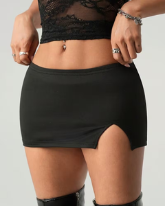 High Waist Black <b>Asymmetrical</b> Mini Skirt with Slit Women's Sexy Stretch Eco-Friendly Casual Polyester Skirt for All Seasons - Product Image 4