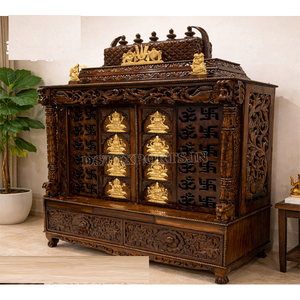 Altar del Templo Iskcon para la Comunidad Gujarati, Majestuoso Mandir de Madera Maciza Marrón para el Hogar, Gabinete de Puja Hecho a Medida al por Mayor - Product Image 5