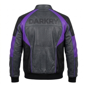 Blouson Bomber en Cuir Noir à Rayures Violettes pour Homme, Col Montant, Poignets en Tricot Côtelé, Vêtement d'Extérieur Moto, Vente en Gros Personnalisée - Product Image 2