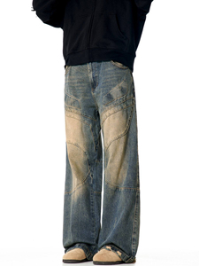 Jeans al por mayor personalizados para hombre, estilo urbano, hip hop, con dobladillo sin rematar, holgados, descoloridos por el sol, de corte recto, azul oscuro, de pierna ancha - Product Image 5