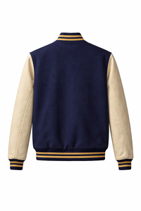 Men's Navy Beige 100% <b>Wool</b> Varsity Jacket Formal Style Turn-down Collar Button Front Regular Fit Winter Breathable Patchwork - Product Image 3