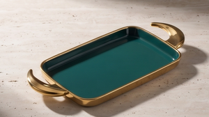 Plateau rectangulaire décoratif en métal émaillé avec poignées en laiton poli, plateau de service vert foncé, centre de table pour salle à manger - Product Image 4