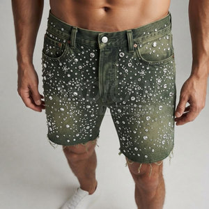 Shorts d'été décontractés pour hommes en toile épaisse 100 % coton, délavés, avec strass, effet soleil, couleur unie, séchage rapide, style streetwear, qualité supérieure - Product Image 4