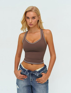 Women Brown Contrast Stitch Yoga <b>Jumpsuit</b> Spaghetti Strap U-NECK Plus Size High Support Seamless Breathable Four-Way Stretch - Product Image 3