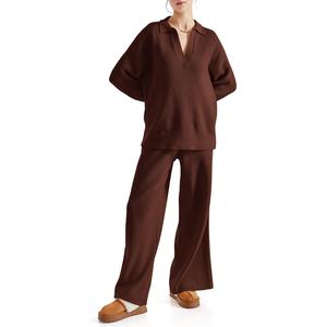 Tenues d'automne en tricot gaufré pour femmes, pantalon évasé surdimensionné à manches longues, ensemble de pulls bruns - Product Image 2