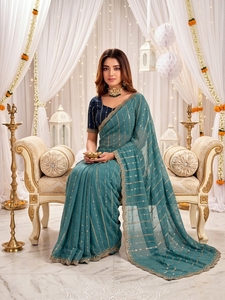 AARA Fashion Saree en soie vert sarcelle élégant avec broderie dorée, tenue de mariage indienne traditionnelle pour femme, longueur au sol, coupe classique, Sun - Product Image 3