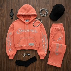 Ensemble de survêtement deux pièces pour homme, style streetwear, avec sweat à capuche zippé à motif corail et strass et pantalon de jogging, vente en gros - Product Image 2