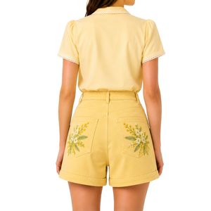 Shorts en jean taille haute pour femme, brodés de fleurs jaune pastel, décontractés, en coton extensible, pour l'été, avec logo personnalisé - Product Image 2