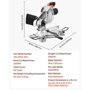 Sega a troncare composta con lama a taglio singolo da 10 pollici, motore da 15 Amp, 60 denti, con cavo, regolazione angolare di precisione da 0-45 gradi, allineamento LED, seghe elettriche - Product Image 4