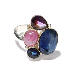 Bague Statement Ovale Multi-Pierres en Argent Sterling 925 Massif, Style Bohème, avec Kyanite Bleue Naturelle, Améthyste et Rubis Rose, par un Troisième Partie - Product Image 1