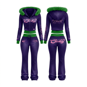 Ensemble de survêtement à capuche pour femme, violet et vert, avec logo rose imprimé, pantalon de survêtement décontracté et haut court à manches longues avec fermeture éclair - Product Image 1