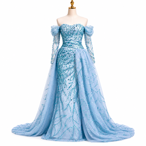 Vestido de Noche de Lujo Azul Hielo con Lentejuelas Estilo Sirena para Mujer, con Hombros Descubiertos, Manga Larga, Formal, para Fiesta de Graduación, Boda, Maxi Vestido con Cola - Product Image 1