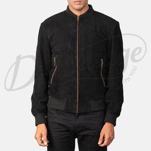 Blouson Bomber Homme Personnalisé en Daim Noir, Minimaliste, Zippé, Col Baseball, Coupe Slim, Style Décontracté Streetwear - Product Image 3