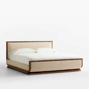 Luxury Burl Wood Veneer Platform Bed with <b>Fluted</b> Upholstered Panels Curved Corner Modern King Size Bedroom Furniture - Product Image 1