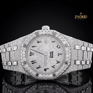 Montre de luxe à quartz en acier inoxydable, chronographe ETA squelette noir entièrement pavé de moissanite, chiffres arabes, verre cristal, à poussoir - Product Image 5