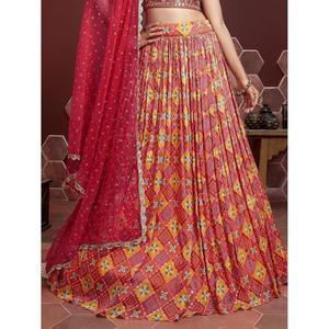 Astonishing <b>Red</b> <b>Sequins</b> Embroidery Chinon Silk Lehenga Choli - Product Image 1