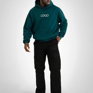 Sudadera con capucha y cremallera de felpa 100% algodón color verde azulado oscuro para hombre, corte holgado oversize con hombros caídos, logotipo personalizado, estilo urbano, OEM - Product Image 2