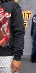 Sweat-shirt à capuche zippé intégral noir délavé vintage personnalisé pour homme, avec motif ange et strass, style streetwear oversize et épais - Product Image 6