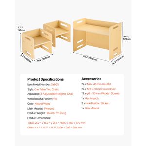 Montessori <b>Weaning</b> Table Chair <b>Set</b> Wooden Toddler Table and 2 Chairs Adjustable Height Montessori Chair - Product Image 4