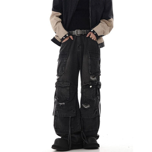 Jean Cargo Noir Homme Taille Haute Coupe Ample Effet Usé Denim Multi-poches Style Streetwear Automne - Product Image 1