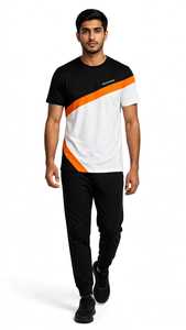 T-shirt à manches courtes pour homme en jersey 100% coton, color block, avec motif lettres, col rond anti-boulochage, noir, blanc, orange - Product Image 5