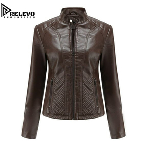 Chaqueta de Motociclista Clásica de Cuero Vegano Color Chocolate para Mujer, Manga Larga, Cierre Frontal con Cremallera, Corte Entallado con Panel Texturizado - Product Image 1