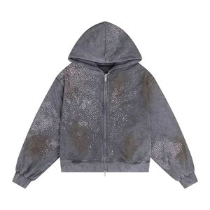 <b>Mens</b> Rhinestone Hoodie Zip Up Oversized Streetwear <b>Fleece</b> Sweatshirt <b>Mens</b> <b>Grey</b> Studded Zip Hoodie Crystal Embellished Streetwear - Product Image 2