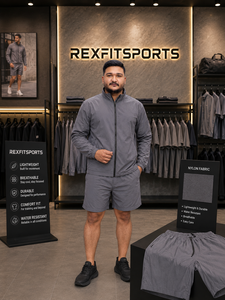 REXFIT SPORTS 2026 Ensemble de survêtement gris personnalisé en nylon, veste coupe-vent légère et short, vêtements de sport à marque privée - Product Image 2