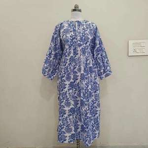 Robe longue en coton imprimé pour femme, manches 3/4, robe d'été bleue à fleurs, coupe ample, style bohème, fournisseur - Product Image 3