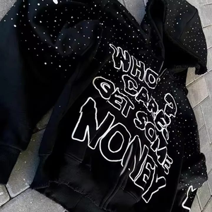 เสื้อฮู้ดครอปสไตล์ฝรั่งเศสสั่งทำพิเศษ คุณภาพสูง พิมพ์ลาย ซิป ประดับเพชร ผ้าฝ้ายฟลีซ 100% ทรงหลวม - Product Image 5