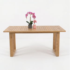Table de salle à manger rectangulaire moderne Felcia, best-seller, pour l'extérieur, avec plateau en bois de teck naturel à lattes, pour usage hôtelier - Product Image 3