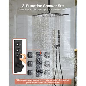 Système de douche thermostatique de plafond 16 pouces avec jets de pluie, 6 jets latéraux, douchette à main rotative et robinet de douche 3 fonctions - Product Image 2