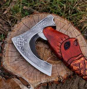 Wholesale Handmade Custom Premium High Carbon Steel Viking <b>Axe</b> with Hand Carved <b>Wooden</b> Handle Leather Grip Fine Leather Sheath - Product Image 6