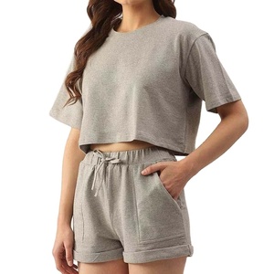 Ensembles 2 pièces pour femmes costume deux pièces décontracté vêtements pour femmes ensembles shorts femmes ensemble deux pièces 100% coton surdimensionné 2026 HI - Product Image 1