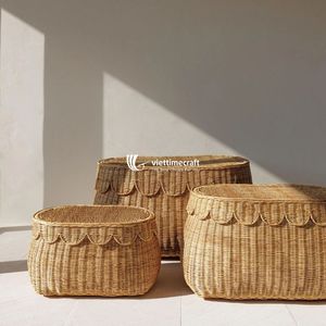 Viettimecraft Natural Rattan Oval Storage <b>Baskets</b> With Lid Stackable Eco-Friendly Rustic Design Multi-Purpose Home Decor - Product Image 2
