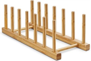 Égouttoir à vaisselle pliable en bambou à 2 niveaux, support décoratif en métal pour assiettes, bols et tasses - Product Image 6