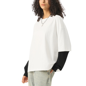 Custom Women Layered T Shirt Heavyweight Cotton Oversized Drop Shoulder <b>White</b> Long Sleeve Streetwear <b>Tee</b> - Product Image 2