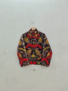 Women's Knitted Bomber <b>Jacket</b> <b>Mandarin</b> <b>Collar</b> Floral Hand Embroidery Full Sleeve Autumn Style Breathable 100% Cotton - Product Image 1