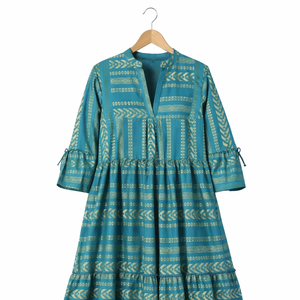 Robe longue en coton jacquard pour femmes, style bohème, manches cloche, col en V - Product Image 1