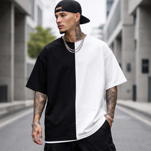 T-shirt décontracté d'été pour homme, coupe oversize, bicolore noir et blanc, en coton, style streetwear, avec empiècements fendus - Product Image 3