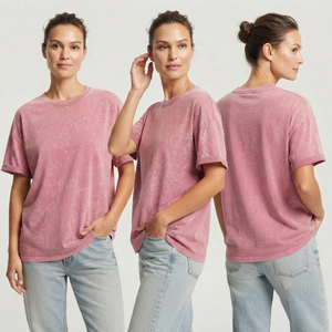 เสื้อยืดโอเวอร์ไซส์สีสโตนวอชผ้าฝ้ายสำหรับผู้หญิง ไซส์พลัส คอกลม สวมใส่สบาย แขนสั้น ทรงหลวม เสื้อยืดสโตนวอช - Product Image 6