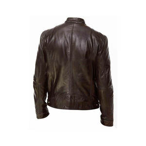 Men's Navy Blue Genuine Leather Moto Jacket <b>Stand</b> Collar Zipper Closure <b>Slim</b> Fit Regular Sleeve Solid Color Biker <b>Coat</b> Autumn - Product Image 2