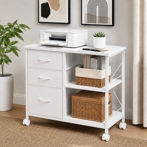 Rolling File Cabinet with 3 Fabric Drawers <b>Adjustable</b> <b>Shelf</b> Lockable Wheels White - Product Image 1