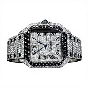 Reloj con Números Romanos con Incrustaciones de Diamantes, Bisel Negro, Cuadrado Plateado, Automático, Estilo Hip Hop de Lujo para Hombre, con Incrustaciones de Moissanita - Product Image 1