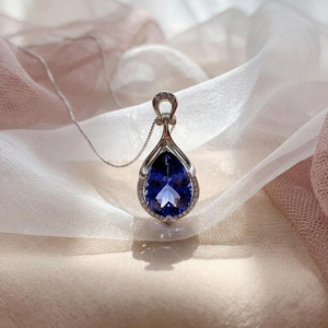 Classic Women's 925 <b>Silver</b> Rhodium Plated Sapphire Pendant Necklace Pear Cut Water Drop <b>Snake</b> <b>Chain</b> Wedding Jewelry - Product Image 1