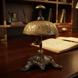 <b>Brass</b> Desk <b>Bell</b> with Sculpted Floral Motifs Antique Inspired Tabletop Chime Traditional Home Office Restaurant Cafe Decor - Product Image 3