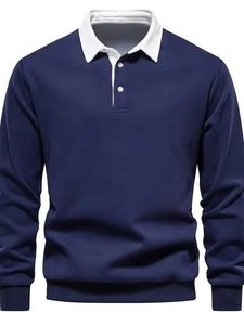 Sweat-shirt polo à manches longues pour homme, col contrasté, tricoté, décontracté, respirant, mélange de coton pour un usage quotidien - Product Image 2