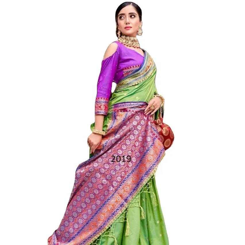 Yeni varış ipek malzeme Banarasi Sarees düğün toptan tasarımcı yeşil Saree hindistan üretici hindistan 2023 hindistan